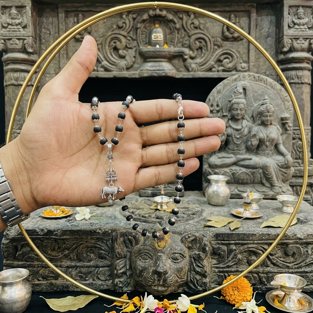 Silver Caped Karungali Mala -Shiv Raksha Karungali Mala with Trishul Nandi Pendant