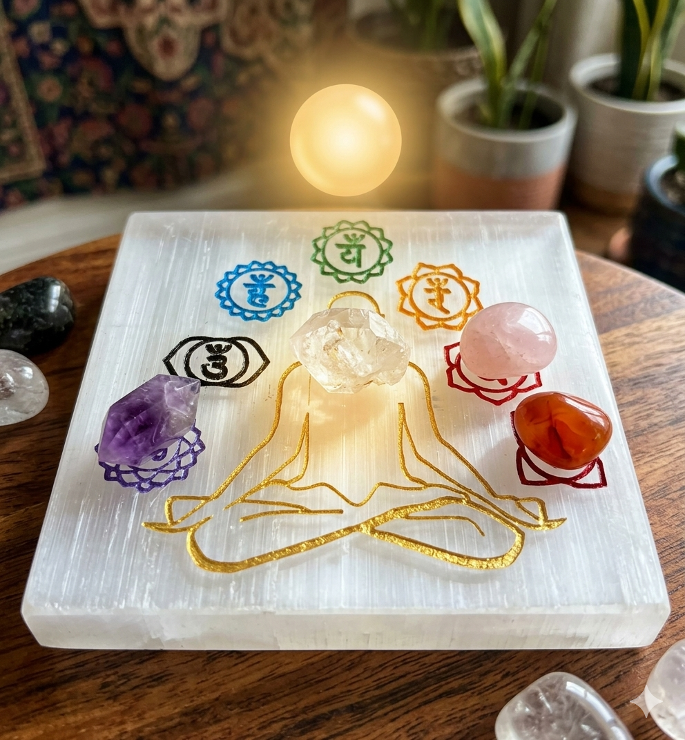 Selenite Crystal Charging Plate with 7 Chakra