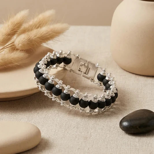Silver Link Plated Karungali Modern Bracelet - Natural Ebony Wood