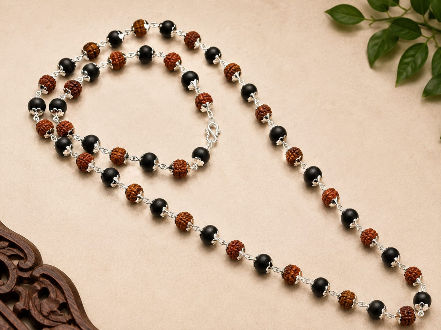 Rudraksha Karungali Mala in Silver-Cap (buy 1 get 1 free gift)