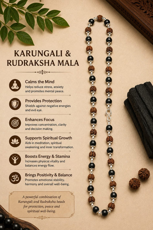 Rudraksha Karungali Mala in Silver-Cap (buy 1 get 1 free gift)