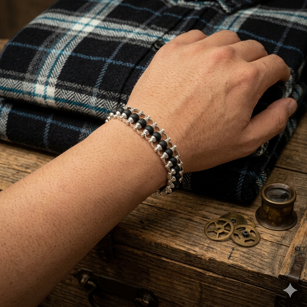Silver Link Plated Karungali Modern Bracelet - Natural Ebony Wood