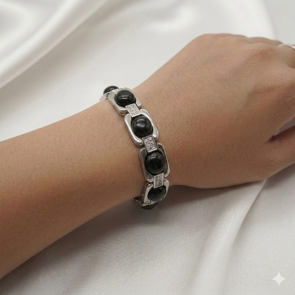 Silver Plated Karungali Modern Bracelet - Natural Ebony Wood