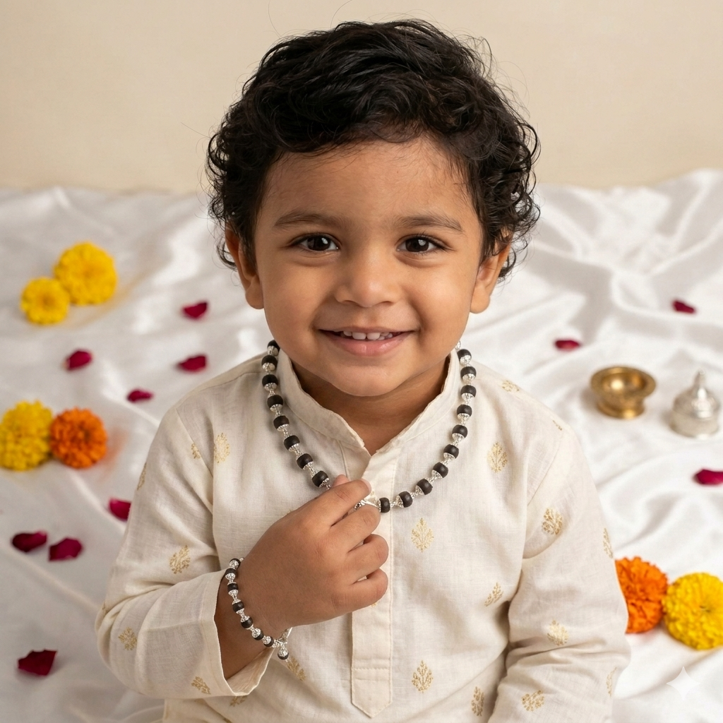 Silver Caped Karungali Mala For KIDS With One Big Bead