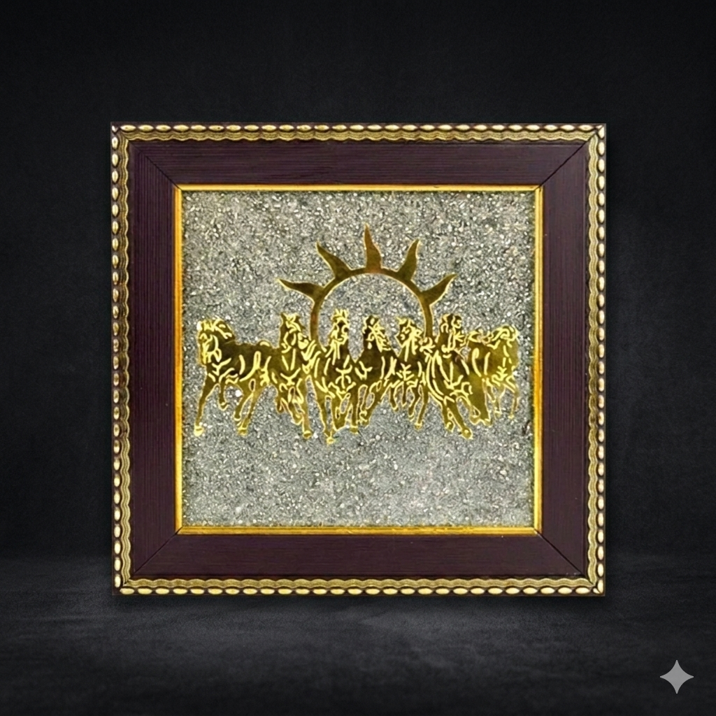 7 Horses on Raw Pyrite Frame | Seven Horses Wall Decor Pyrite Stone Frame for Success & Fame |  Items for Money Attraction | Wall Decor | Ideal Gift
