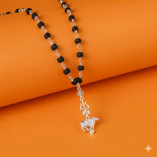 Silver Caped Karungali Mala -Shiv Raksha Karungali Mala with Trishul Nandi Pendant